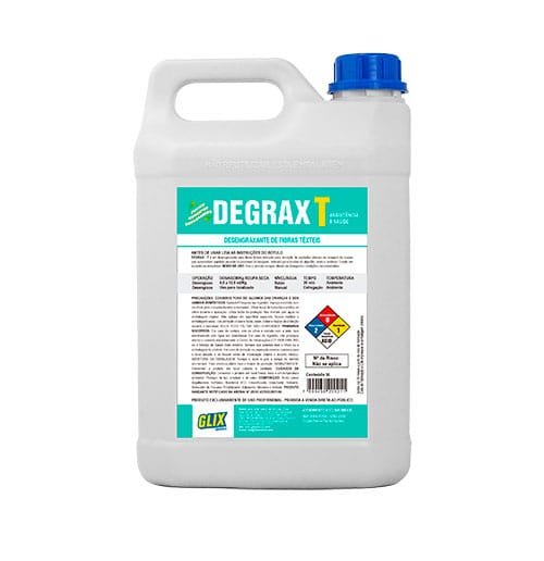 Galão de 5 litros do desengraxante de fibras têxteis DEGRAX-T, da linha GLIX