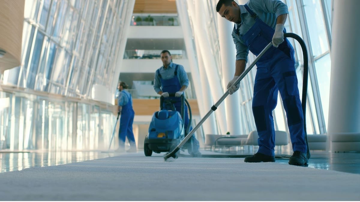 Equipe de limpeza profissional operando máquina lavadora de piso em um prédio comercial