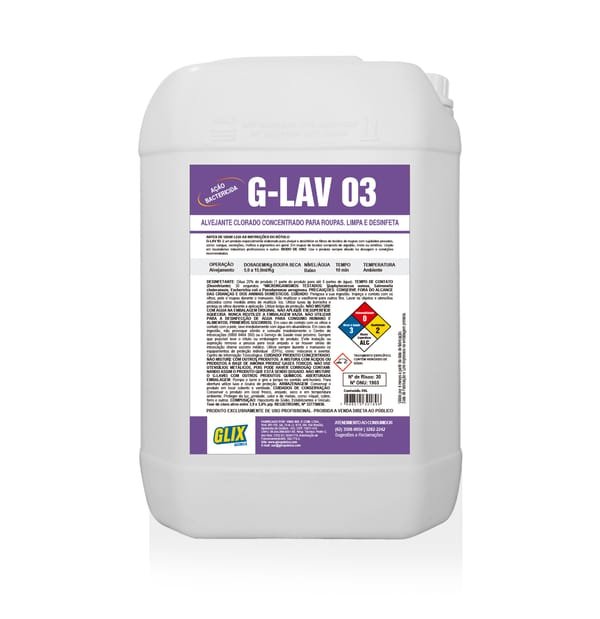 Galão de 30 litros do alvejante desinfetante clorado G-LAV 03, da linha GLIX