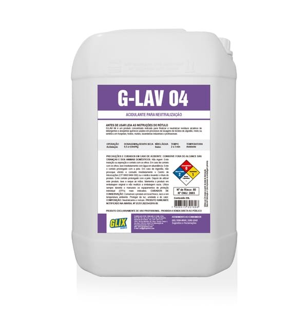 Galão de 30 litros do acidulante para neutralização G-LAV 04, da linha GLIX