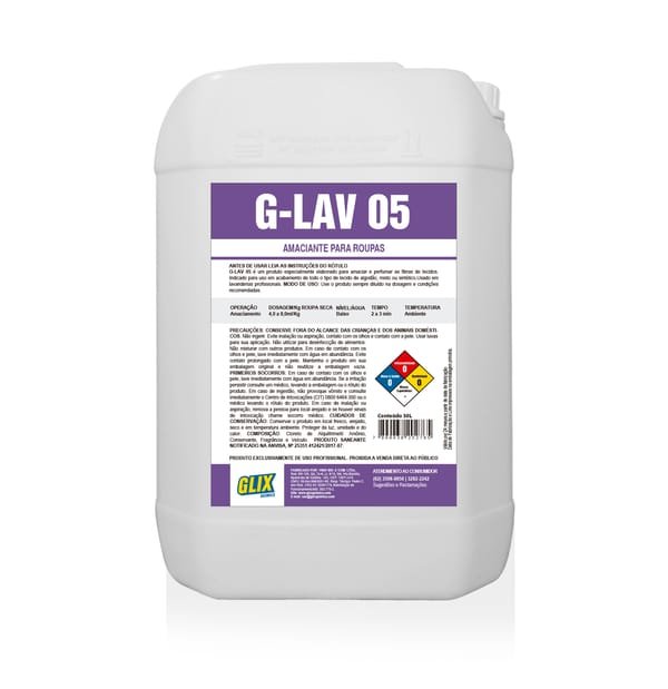 Galão de 30 litros do amaciante profissional G-LAV 05, da linha GLIX