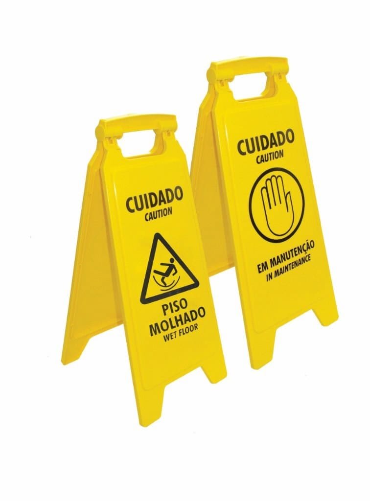 Placa amarela sinalizadora de piso molhado